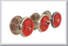 3 drive wheel sets (6 wheels) for one locomotive, incl. axles and gear wheels, suitable for F 800, 3026, zinc cast iron nickel-plated, with crankpin, complete price.