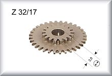 1. Zahnrad nach Anker, Z 32/17, Modul 0,4, Messing (Ni), nur f&uuml;r HR 700/HS 700, Preis pro St&uuml;ck.