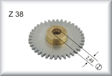 Zahnrad, 38 Z, Modul 0,4, Alu und Messing, befindet sich zwischen den 2 angetrieben Achsen im Fahrwerk, nur f&uuml;r 700er Serie, kann auch f&uuml;r 800er verwendet werden, Preis pro st&uuml;ck.