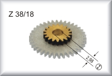 Zweites Zahnrad nach Anker, Z 38/18, Modul 0,4, Alu und Messing, passend f&uuml;r schmalen Vorkriegsmotor, Preis pro St&uuml;ck.  